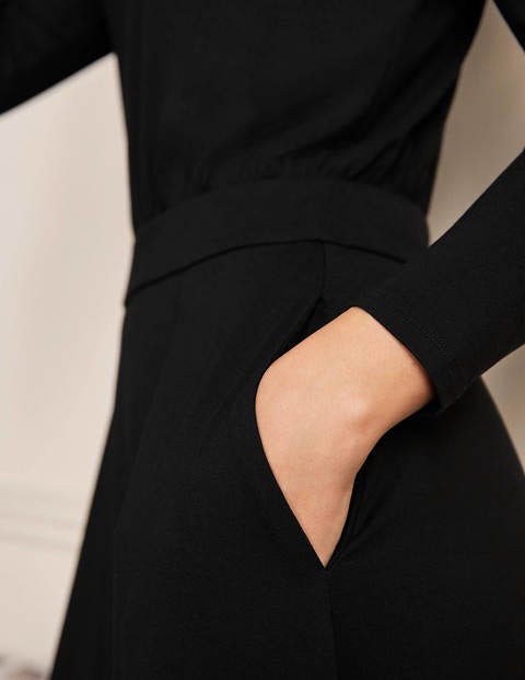 Puff Sleeve Jersey Midi Dress - Black