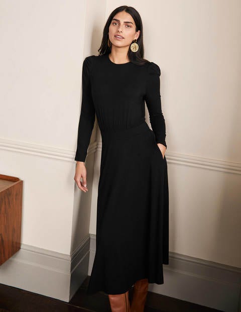 Jersey-Midikleid mit Puffärmeln - Schwarz Jersey-Midikleid mit Puffärmeln - Schwarz