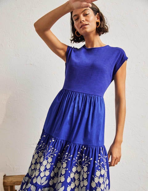 Embroidered Tiered Midi Dress - Blue Wave Embroidery