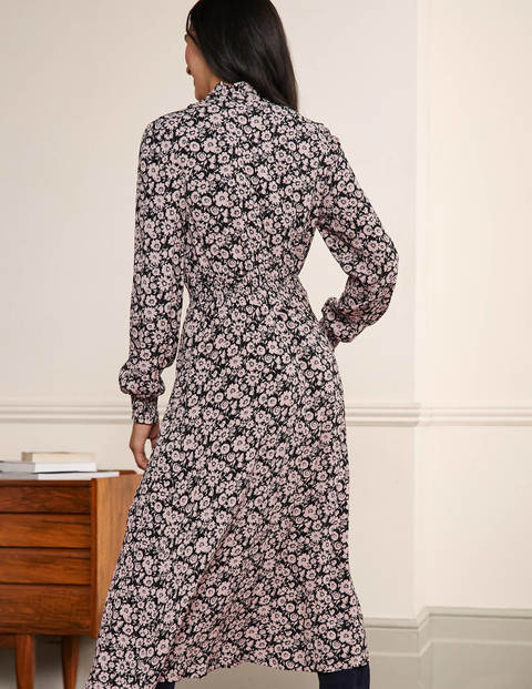 Ruffle Front Midi Dress - Black, Elegant Bloom Ruffle Front Midi Dress - Black, Elegant Bloom