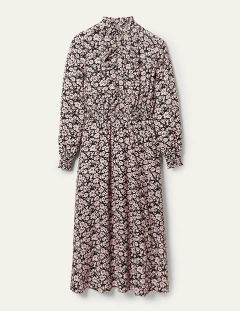 Ruffle Front Midi Dress - Black, Elegant Bloom Ruffle Front Midi Dress - Black, Elegant Bloom