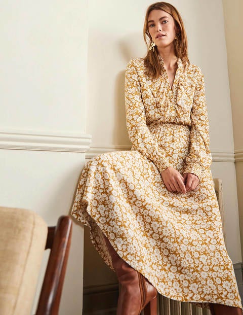 Ruffle Front Midi Dress - Brioche, Elegant Bloom Mono Ruffle Front Midi Dress - Brioche, Elegant Bloom Mono