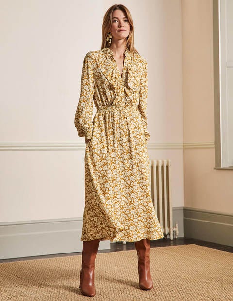 Ruffle Front Midi Dress - Brioche, Elegant Bloom Mono Ruffle Front Midi Dress - Brioche, Elegant Bloom Mono
