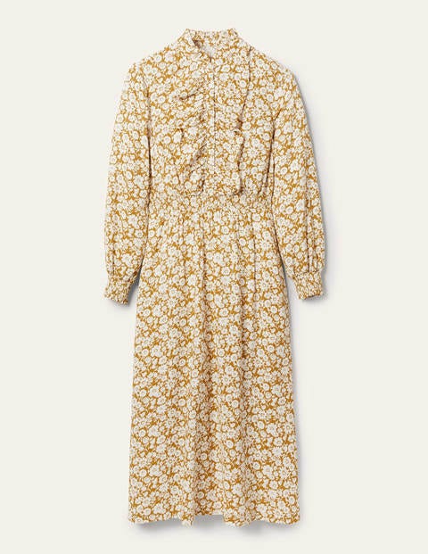 Ruffle Front Midi Dress - Brioche, Elegant Bloom Mono Ruffle Front Midi Dress - Brioche, Elegant Bloom Mono