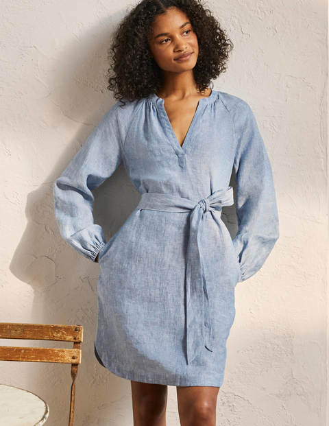 Notch Neck Linen Mini Dress - Navy ...