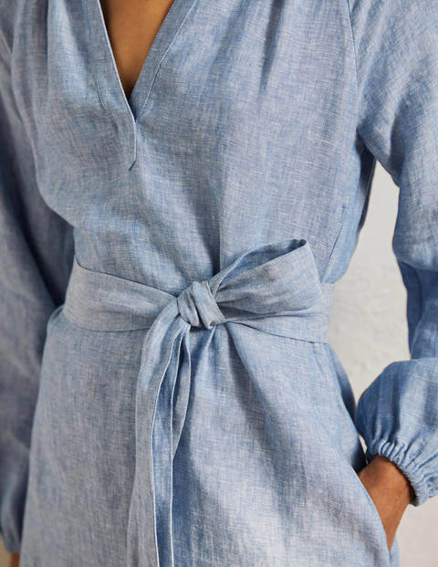 Notch Neck Linen Mini Dress - Chambray Notch Neck Linen Mini Dress - Chambray