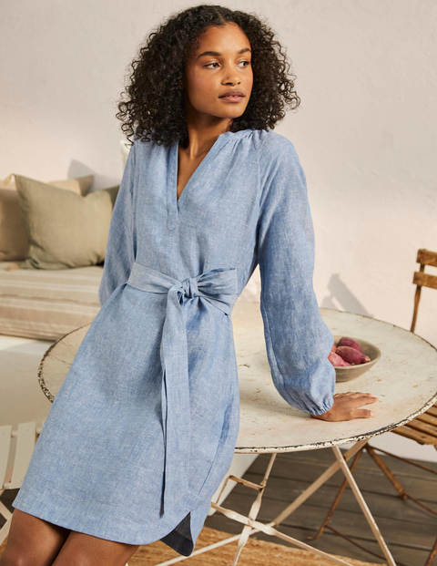 Notch Neck Linen Mini Dress - Chambray Notch Neck Linen Mini Dress - Chambray