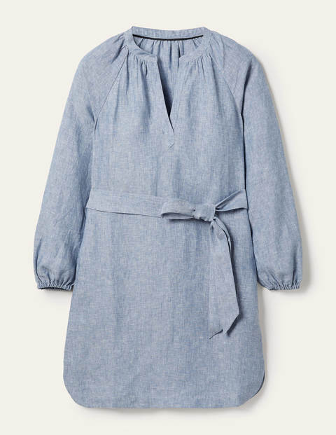 Notch Neck Linen Mini Dress - Chambray Notch Neck Linen Mini Dress - Chambray