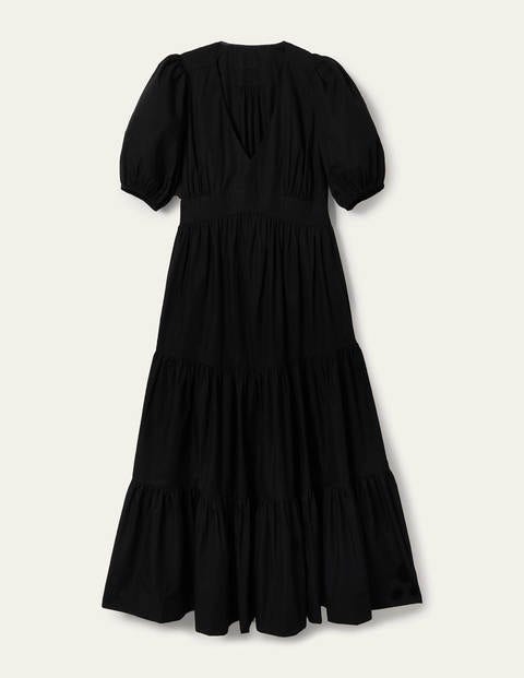Puff Sleeve Tiered Midi Dress - Black Puff Sleeve Tiered Midi Dress - Black