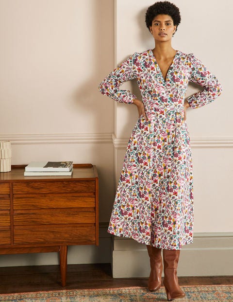 Button Through Maxi Tea Dress - Ivory, Tropic Florals