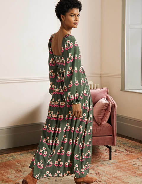 Connie Gesmoktes Maxikleid - Grün, Blütenknospen | Boden DE