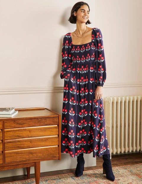 Square Neck Smocked Maxi Dress - French Navy, Blossoming Bud