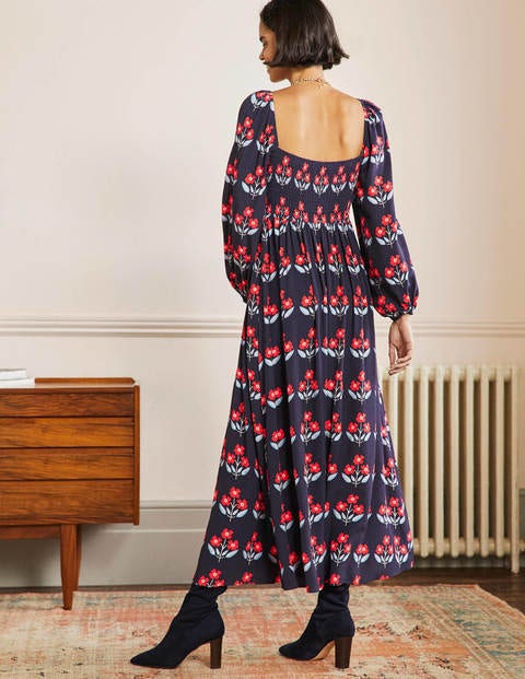 Square Neck Smocked Maxi Dress - French Navy, Blossoming Bud