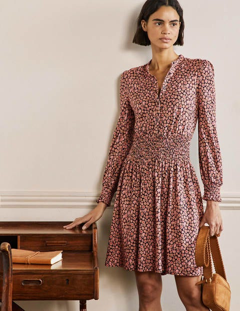 Smocked Jersey Shirt Dress - French Navy, Botanica Blush