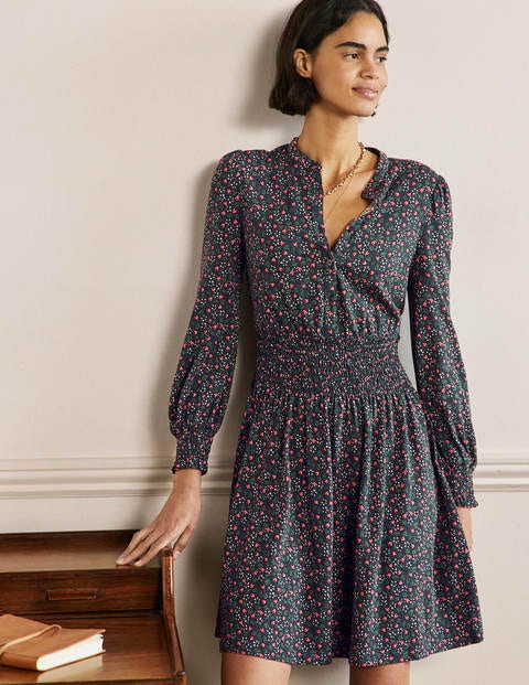 Smocked Jersey Shirt Dress - French Navy, Flora Berry