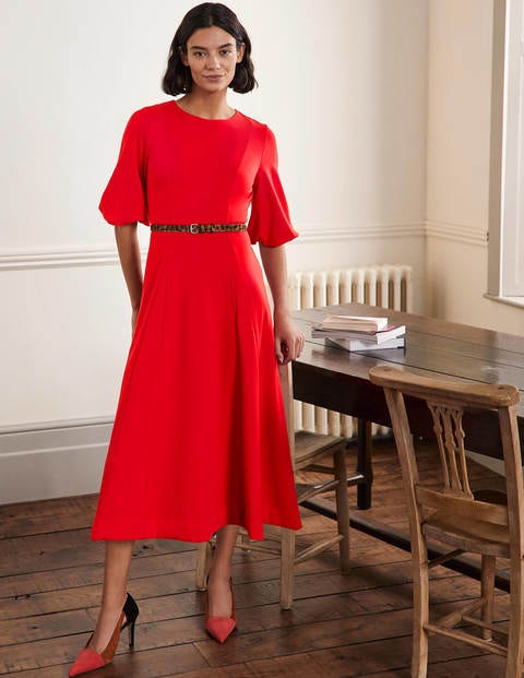 Full Skirt Jersey Midi Dress - Red