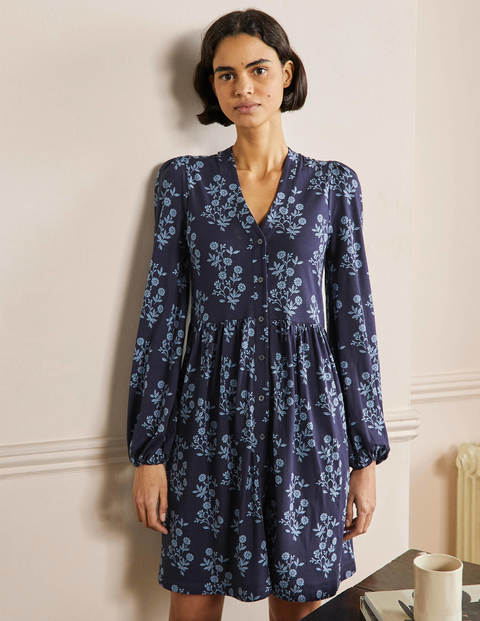 Button Through Jersey Dress - French Navy, Leafy Cluster