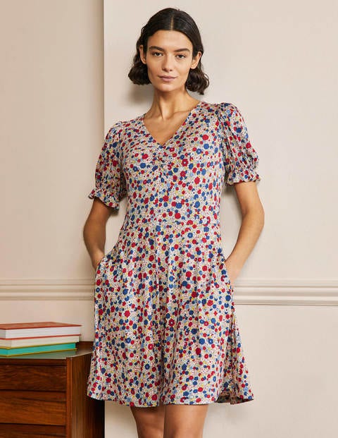 V-Neck Jersey Dress - Riviera Blue, Floret Cluster V-Neck Jersey Dress - Riviera Blue, Floret Cluster