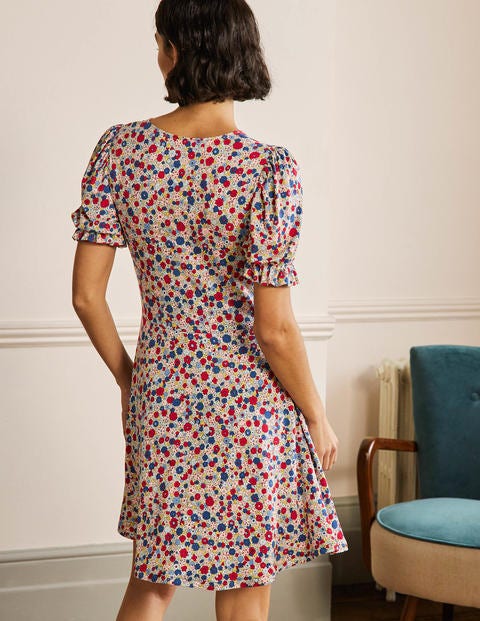 V-Neck Jersey Dress - Riviera Blue, Floret Cluster V-Neck Jersey Dress - Riviera Blue, Floret Cluster