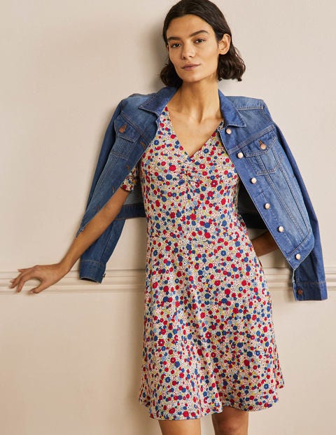 V-Neck Jersey Dress - Riviera Blue, Floret Cluster V-Neck Jersey Dress - Riviera Blue, Floret Cluster