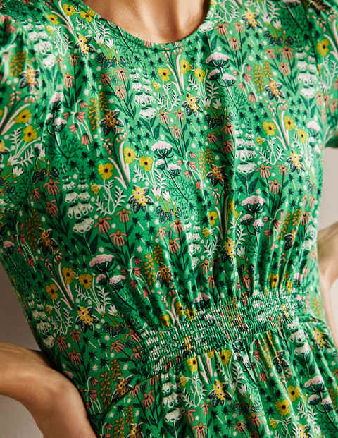 Crew Neck Jersey Dress - Rich Emerald, Wildflower Bloom