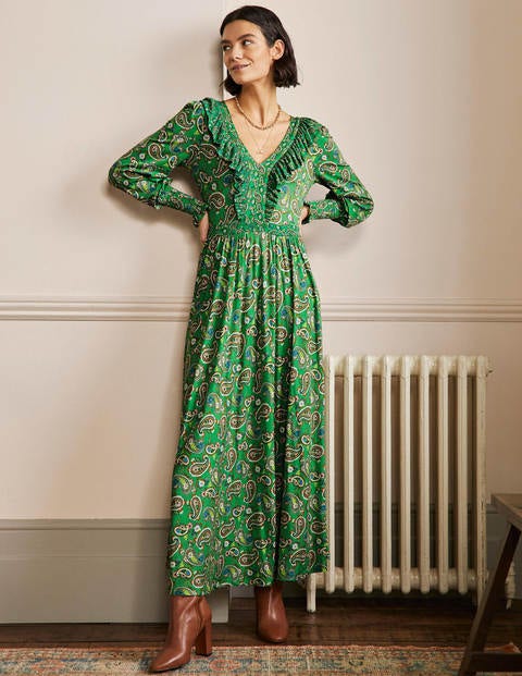 Ruffle Jersey Maxi Dress - Highland Green, Paisley Bloom