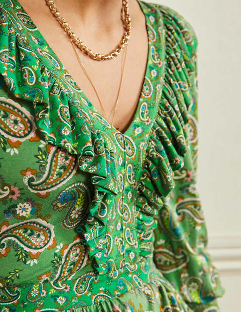 Robe longue volantée en jersey - Vert des Highlands, motif Paisley Bloom