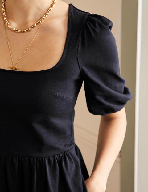 Robe midi à col en V et manches 3/4, jupe asymétrique, marine | Ulla Popken