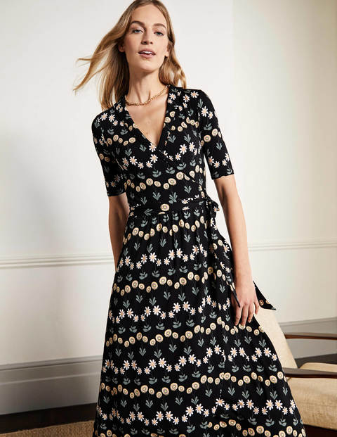 Lavinia Jersey Wrap Dress - Black, Delicate Daisy | Boden UK