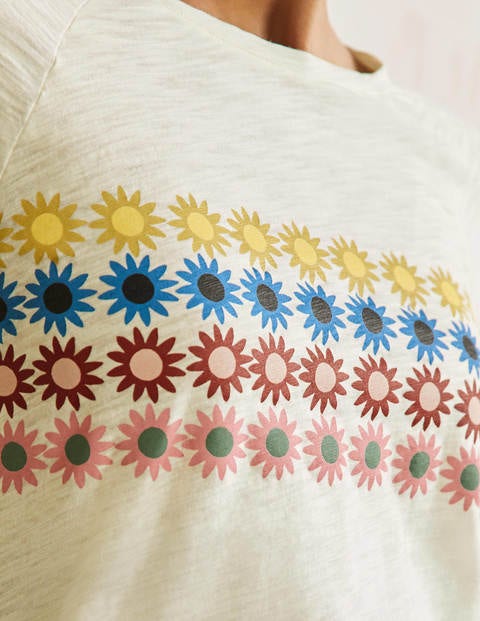 T-shirt de baseball Lorna en jersey - Ivoire, rayures florales sur la poitrine