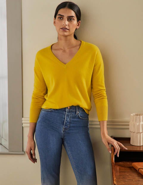 Lässiger Kaschmirpullover mit V-Ausschnitt - Zitronengelb Lässiger Kaschmirpullover mit V-Ausschnitt - Zitronengelb