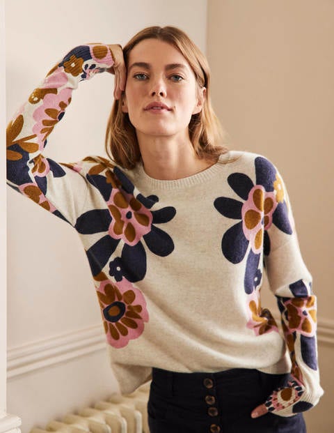 Margot Cashmere Sweater - Oatmeal Melange, Floral Bloom