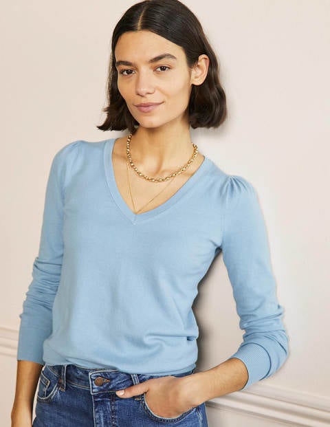 Cotton V-neck Sweater - Dusty Blue