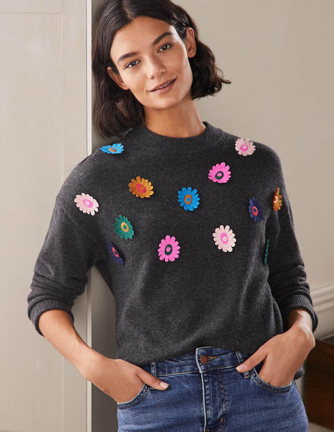 Relaxed Embroidered Sweater - Charcoal Melange, Sunflower