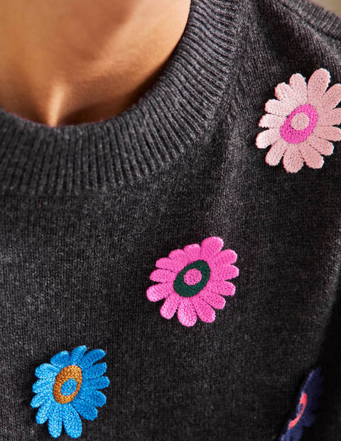 Lockerer Pullover mit Stickerei - Anthrazit Melange, Sonnenblume