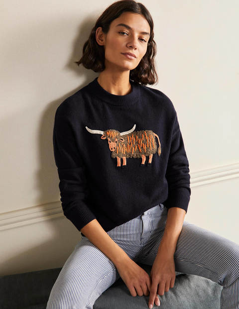 Relaxed Embroidered Sweater - Navy, Highland Cow