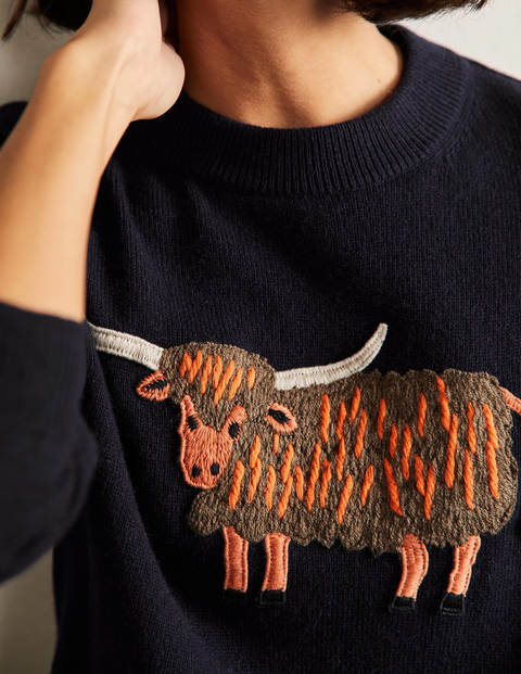 Relaxed Embroidered Sweater - Navy, Highland Cow