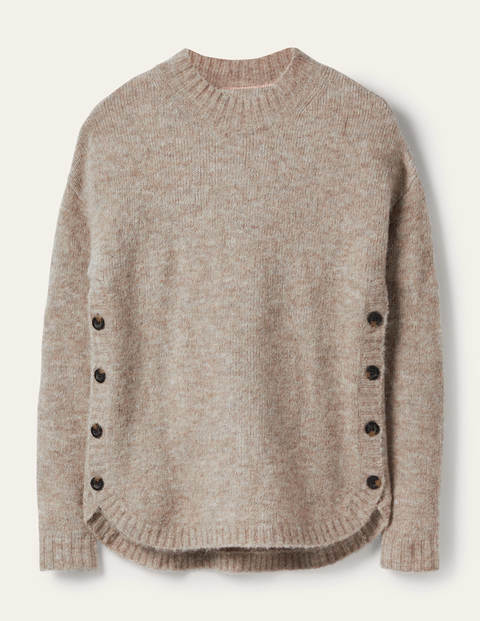 Flauschiger Pullover mit seitlichem Knopf - Nerzbraun Melange Flauschiger Pullover mit seitlichem Knopf - Nerzbraun Melange