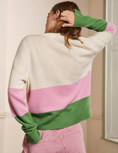 Chunky Cashmere Cardigan - English Ivy, Cameo Pink Stripe Chunky Cashmere Cardigan - English Ivy, Cameo Pink Stripe