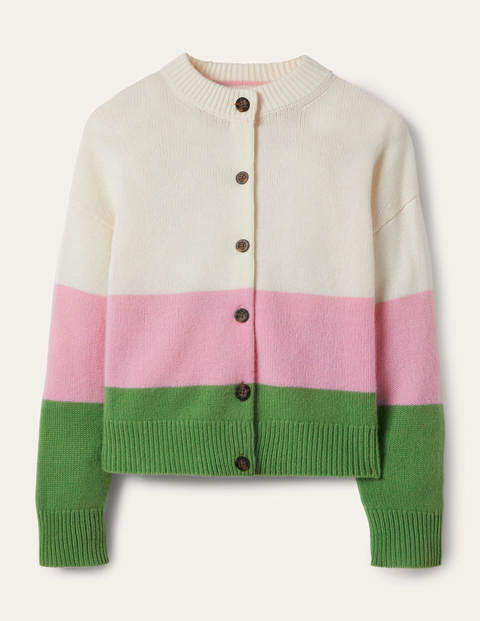 Chunky Cashmere Cardigan - English Ivy, Cameo Pink Stripe Chunky Cashmere Cardigan - English Ivy, Cameo Pink Stripe