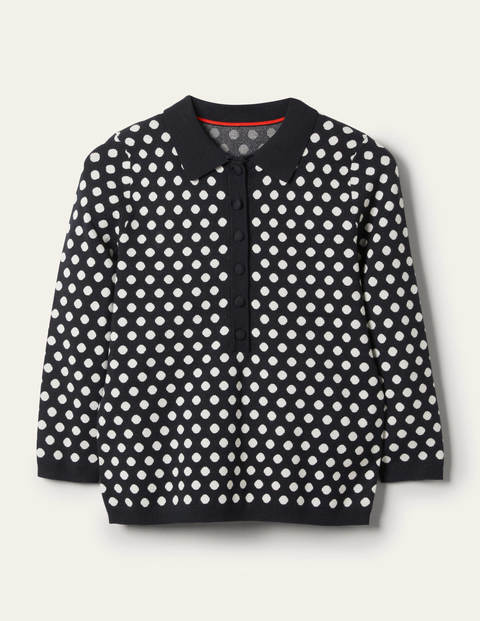Pull col tunisien Cleo en maille jacquard - Bleu marine, pois ivoire Pull col tunisien Cleo en maille jacquard - Bleu marine, pois ivoire