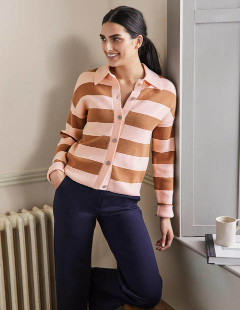 Jewel Button Collared Cardigan - Milkshake, Camel Stripe Jewel Button Collared Cardigan - Milkshake, Camel Stripe