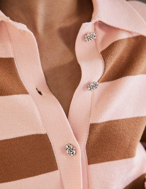Jewel Button Collared Cardigan - Milkshake, Camel Stripe Jewel Button Collared Cardigan - Milkshake, Camel Stripe