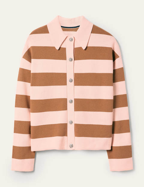 Jewel Button Collared Cardigan - Milkshake, Camel Stripe Jewel Button Collared Cardigan - Milkshake, Camel Stripe