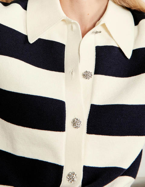 Jewel Button Collared Cardigan - Ivory Mélange, Navy Stripe