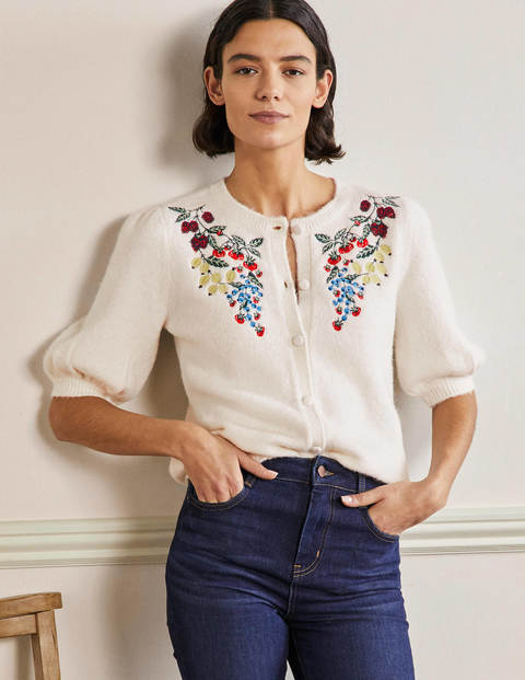 Embroidered Fluffy Cardigan - Ivory, Embroidery