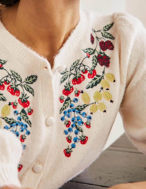 Embroidered Fluffy Cardigan - Ivory, Embroidery