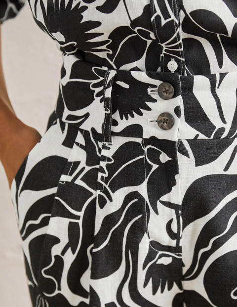Leinenhose mit umgeschlagenen Bündchen - Schwarz, Orientalischer Vogel Leinenhose mit umgeschlagenen Bündchen - Schwarz, Orientalischer Vogel