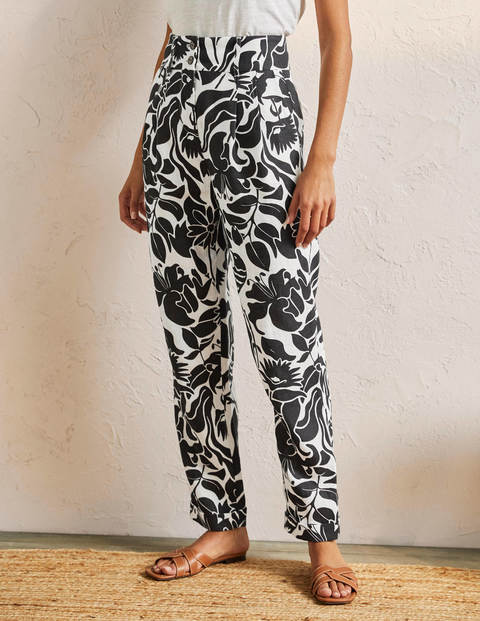 Leinenhose mit umgeschlagenen Bündchen - Schwarz, Orientalischer Vogel Leinenhose mit umgeschlagenen Bündchen - Schwarz, Orientalischer Vogel