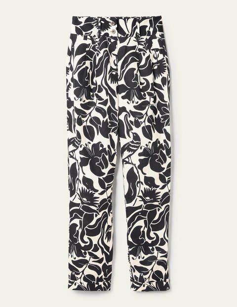 Leinenhose mit umgeschlagenen Bündchen - Schwarz, Orientalischer Vogel Leinenhose mit umgeschlagenen Bündchen - Schwarz, Orientalischer Vogel